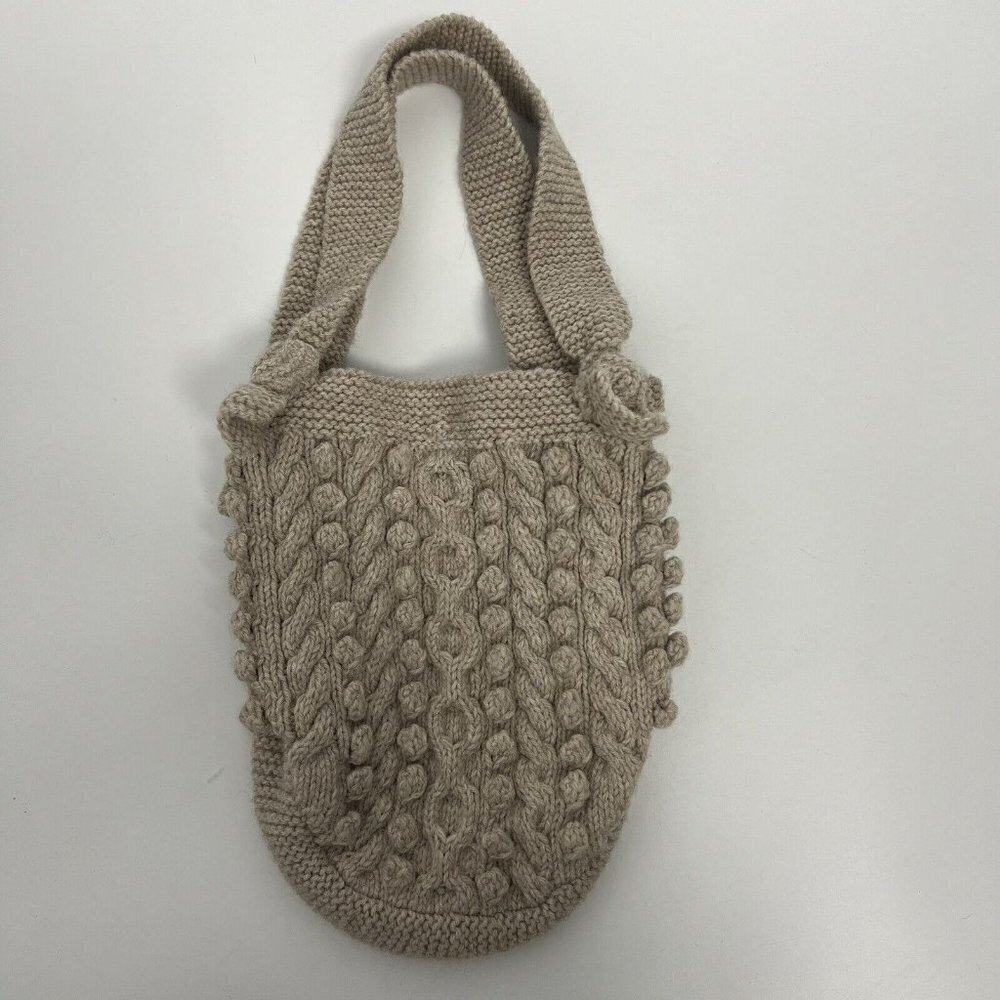 Cable Knit Hand Made Wool Blend Tan Neutral Boho Granny Grandma Tote Bag - Picture 9 of 9
